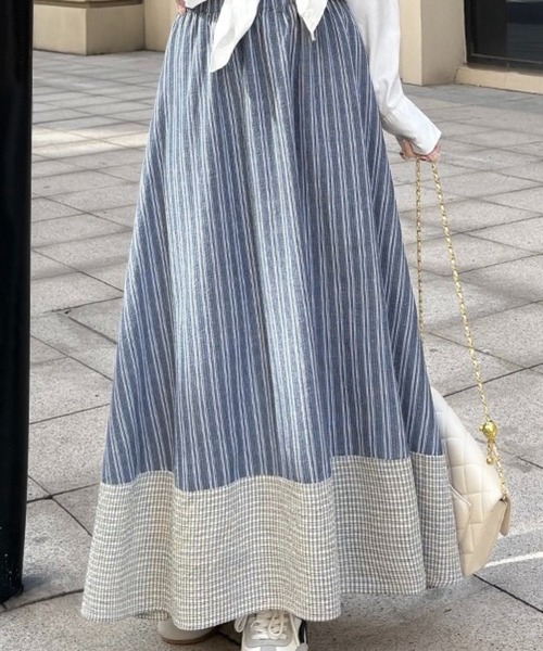 SHOUYO（ショウヨウ）の「配色ストライプ 切替フレアロングスカート（スカート・レディース・ブラック/ブルー・M）」の3枚目の写真