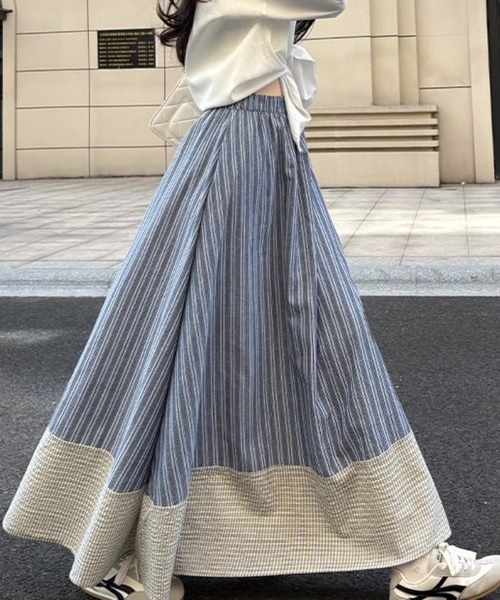 SHOUYO（ショウヨウ）の「配色ストライプ 切替フレアロングスカート（スカート・レディース・ブラック/ブルー・M）」の4枚目の写真