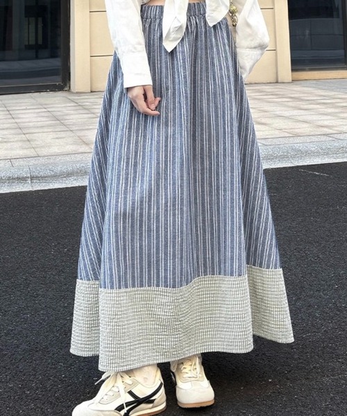 SHOUYO（ショウヨウ）の「配色ストライプ 切替フレアロングスカート（スカート・レディース・ブラック/ブルー・M）」の5枚目の写真