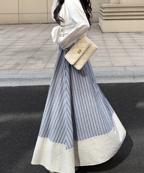 SHOUYO（ショウヨウ）の「配色ストライプ 切替フレアロングスカート（スカート・レディース・ブラック/ブルー・M）」の14枚目の写真