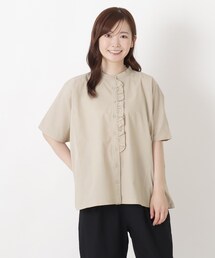 カラーデニム フリル付き4分袖ブラウス