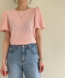 ラウンドネック パフスリーブ ワッフルテクスチャ 半袖 トップス