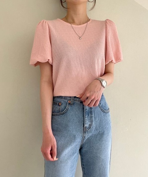 AMAJI(アマジ)の「ラウンドネック パフスリーブ ワッフルテクスチャ 半袖 トップス(Tシャツ/カットソー・レディース・ライトピンク/ライトブルー/ベージュ・FREE)」の7枚目の写真