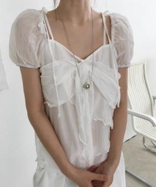 Shear ribbon frill puff off‑shoulder blouse