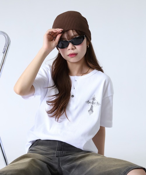 bike star(バイクスター)の「BIKE STAR ラインストーンジャストフィットテレコヘンリーネックT 半袖(Tシャツ/カットソー・メンズ・ホワイト/ブラック/ホワイト系/ブラック系・M/L)」の8枚目の写真