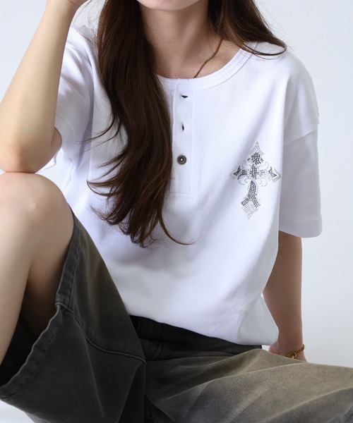 bike star(バイクスター)の「BIKE STAR ラインストーンジャストフィットテレコヘンリーネックT 半袖(Tシャツ/カットソー・メンズ・ホワイト/ブラック/ホワイト系/ブラック系・M/L)」の9枚目の写真