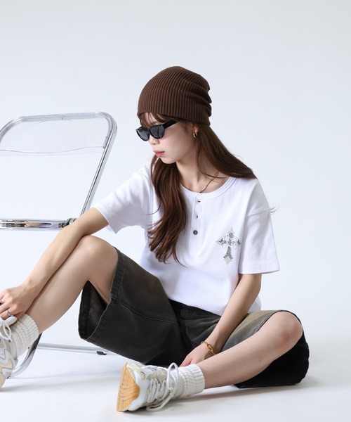 bike star(バイクスター)の「BIKE STAR ラインストーンジャストフィットテレコヘンリーネックT 半袖(Tシャツ/カットソー・メンズ・ホワイト/ブラック/ホワイト系/ブラック系・M/L)」の12枚目の写真