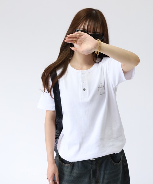 bike star(バイクスター)の「BIKE STAR ラインストーンジャストフィットテレコヘンリーネックT 半袖(Tシャツ/カットソー・メンズ・ホワイト/ブラック/ホワイト系/ブラック系・M/L)」の15枚目の写真