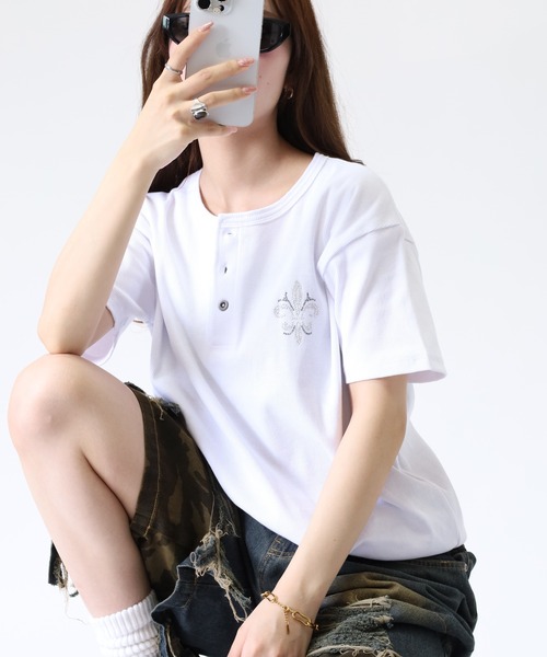 bike star(バイクスター)の「BIKE STAR ラインストーンジャストフィットテレコヘンリーネックT 半袖(Tシャツ/カットソー・メンズ・ホワイト/ブラック/ホワイト系/ブラック系・M/L)」の18枚目の写真