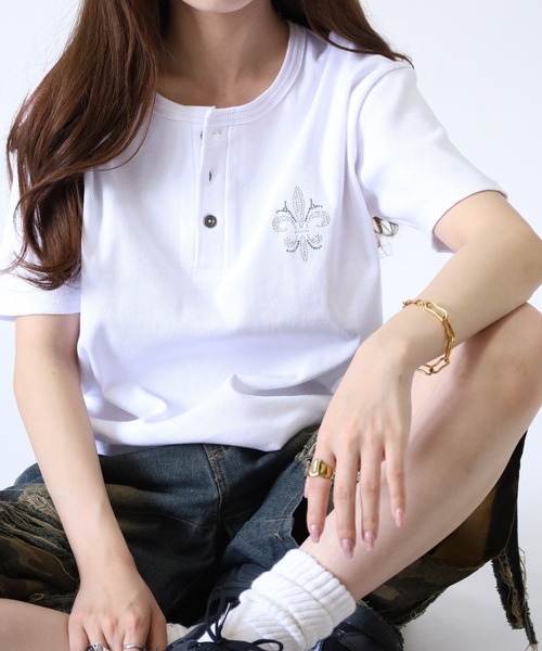 bike star(バイクスター)の「BIKE STAR ラインストーンジャストフィットテレコヘンリーネックT 半袖(Tシャツ/カットソー・メンズ・ホワイト/ブラック/ホワイト系/ブラック系・M/L)」の22枚目の写真