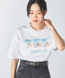 【OP:オーピー】レディースコットンフォトプリントTシャツ　ドロップショルダー