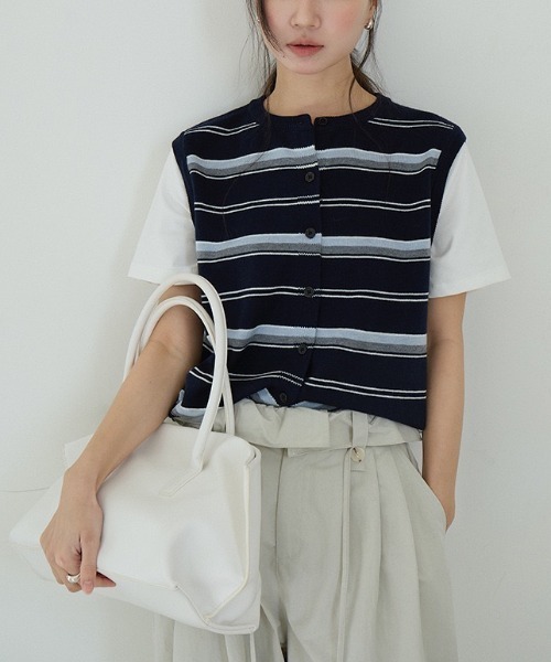 CHUN CHUN NOTES（チュンチュンノーツ）の「26SS/マルチボーダーニット フェイクレイヤードトップス（ニット/セーター・レディース・イエロー/ネイビー・F）」の20枚目の写真