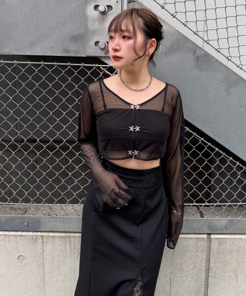 Mavie..7(メヴィセットゥ)の「【Mavie..7】シアーショートカーディガン(Tシャツ/カットソー・レディース・グレー系その他2/ブラウン系その他/ブラック・FREE)」の1枚目の写真