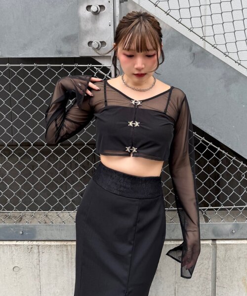 Mavie..7(メヴィセットゥ)の「【Mavie..7】シアーショートカーディガン(Tシャツ/カットソー・レディース・グレー系その他2/ブラウン系その他/ブラック・FREE)」の4枚目の写真