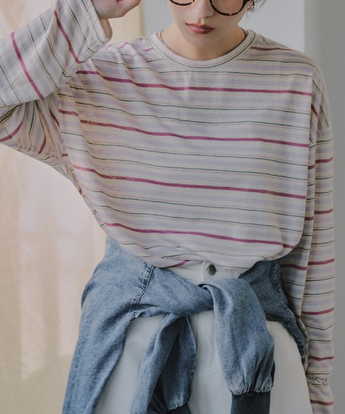 210nouve(トゥージュヌーブ)の「シアー マルチボーダー ロンT(Tシャツ/カットソー・レディース・パープル/ブラウン/ブルー・FREE)」の1枚目の写真
