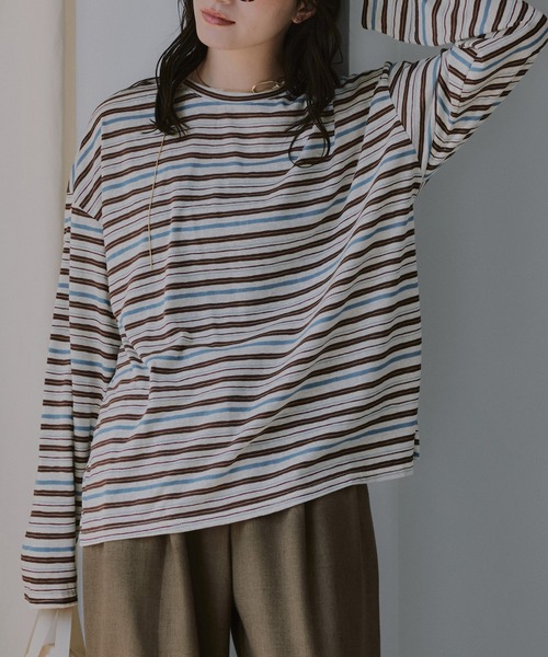 210nouve(トゥージュヌーブ)の「シアー マルチボーダー ロンT(Tシャツ/カットソー・レディース・パープル/ブラウン/ブルー・FREE)」の2枚目の写真