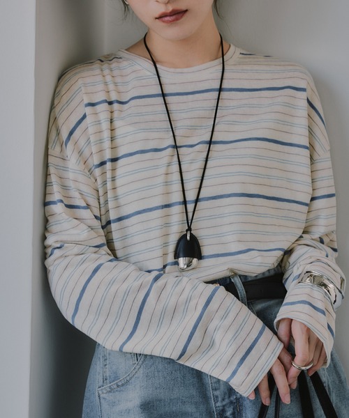 210nouve(トゥージュヌーブ)の「シアー マルチボーダー ロンT(Tシャツ/カットソー・レディース・パープル/ブラウン/ブルー・FREE)」の3枚目の写真
