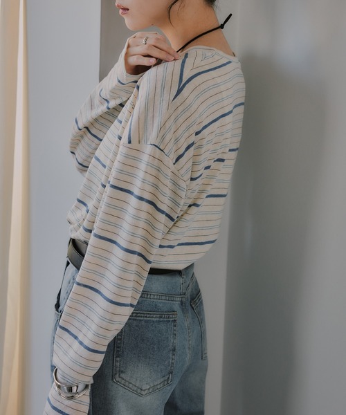 210nouve(トゥージュヌーブ)の「シアー マルチボーダー ロンT(Tシャツ/カットソー・レディース・パープル/ブラウン/ブルー・FREE)」の4枚目の写真