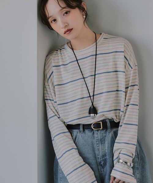 210nouve(トゥージュヌーブ)の「シアー マルチボーダー ロンT(Tシャツ/カットソー・レディース・パープル/ブラウン/ブルー・FREE)」の5枚目の写真