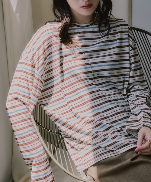 210nouve(トゥージュヌーブ)の「シアー マルチボーダー ロンT(Tシャツ/カットソー・レディース・パープル/ブラウン/ブルー・FREE)」の9枚目の写真