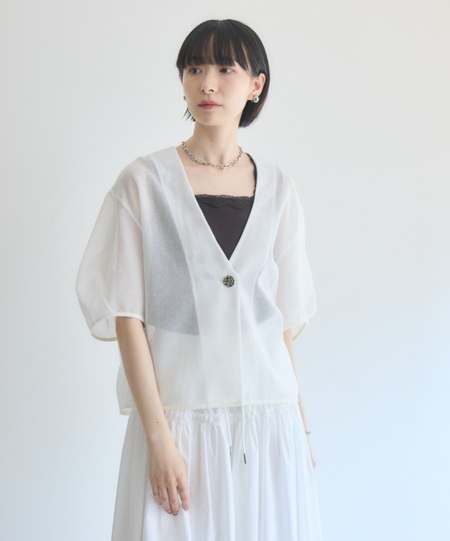 Paradise Picnic(パラダイスピクニック)の「ROSIEE デザインボタンメッシュ半袖ジャケット(テーラードジャケット・レディース・ブラック/ホワイト・FREE)」の6枚目の写真