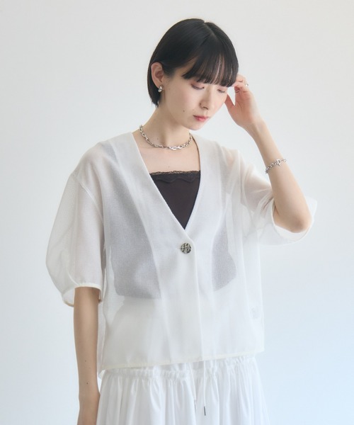 Paradise Picnic(パラダイスピクニック)の「ROSIEE デザインボタンメッシュ半袖ジャケット(テーラードジャケット・レディース・ブラック/ホワイト・FREE)」の3枚目の写真