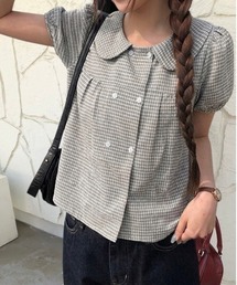 【春夏新作】パフスリーブミニチェック柄ラウンドカラー半袖ブラウス
