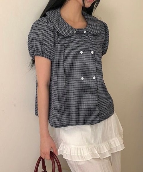 LADY LIKE(レディライク)の「パフスリーブミニチェック柄ラウンドカラー半袖ブラウス(シャツ/ブラウス・レディース・ネイビー/ブラック/ホワイト・M)」の12枚目の写真