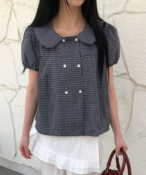 LADY LIKE(レディライク)の「パフスリーブミニチェック柄ラウンドカラー半袖ブラウス(シャツ/ブラウス・レディース・ネイビー/ブラック/ホワイト・M)」の11枚目の写真