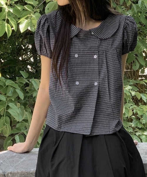 LADY LIKE(レディライク)の「パフスリーブミニチェック柄ラウンドカラー半袖ブラウス(シャツ/ブラウス・レディース・ネイビー/ブラック/ホワイト・M)」の21枚目の写真