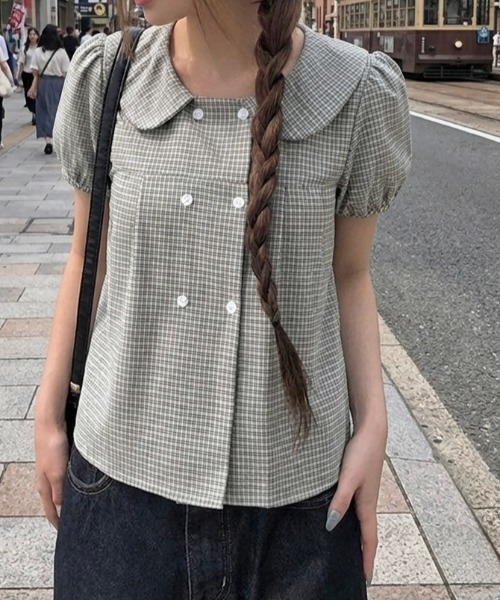LADY LIKE(レディライク)の「パフスリーブミニチェック柄ラウンドカラー半袖ブラウス(シャツ/ブラウス・レディース・ネイビー/ブラック/ホワイト・M)」の16枚目の写真