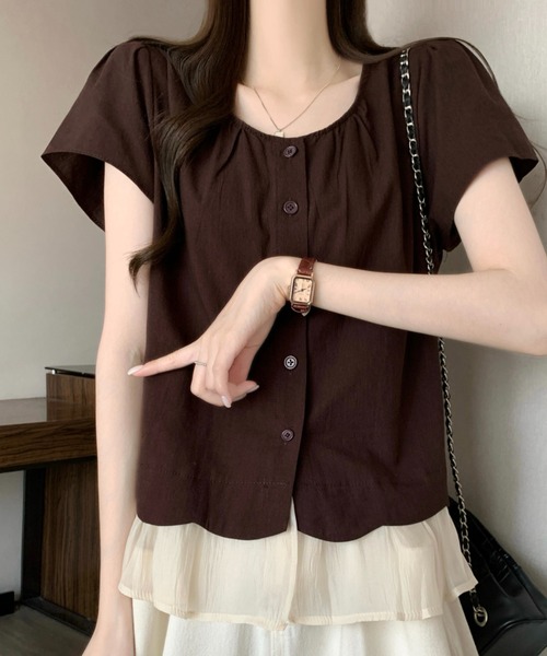 AMAJI(アマジ)の「ラッフルフリル ウエストマーク 半袖ブラウス(シャツ/ブラウス・レディース・ブラウン/ライトピンク・FREE)」の1枚目の写真