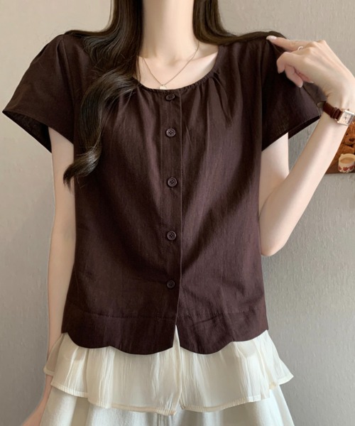 AMAJI(アマジ)の「ラッフルフリル ウエストマーク 半袖ブラウス(シャツ/ブラウス・レディース・ブラウン/ライトピンク・FREE)」の3枚目の写真
