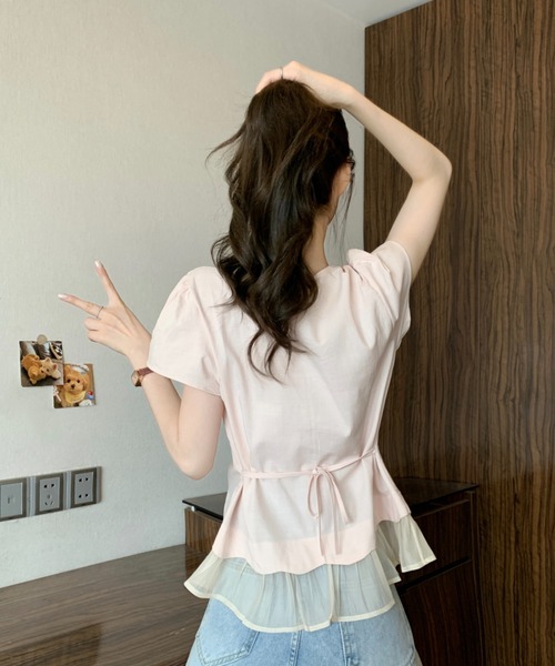 AMAJI(アマジ)の「ラッフルフリル ウエストマーク 半袖ブラウス(シャツ/ブラウス・レディース・ブラウン/ライトピンク・FREE)」の5枚目の写真