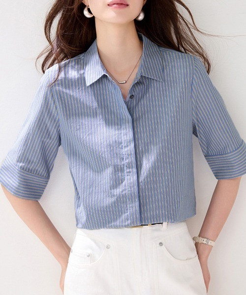 ONEP STAR(ワンピスター)の「ストライプ柄半袖シャツ(シャツ/ブラウス・レディース・ブルー・X-LARGE/LARGE/MEDIUM)」の12枚目の写真