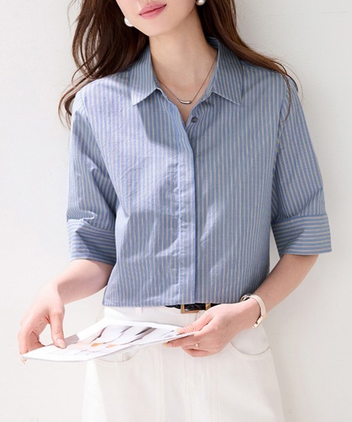 ONEP STAR(ワンピスター)の「ストライプ柄半袖シャツ(シャツ/ブラウス・レディース・ブルー・X-LARGE/LARGE/MEDIUM)」の13枚目の写真