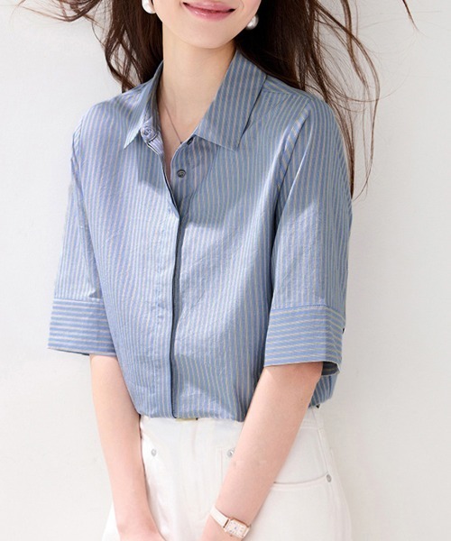 ONEP STAR(ワンピスター)の「ストライプ柄半袖シャツ(シャツ/ブラウス・レディース・ブルー・X-LARGE/LARGE/MEDIUM)」の14枚目の写真