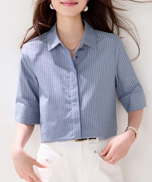ONEP STAR(ワンピスター)の「ストライプ柄半袖シャツ(シャツ/ブラウス・レディース・ブルー・X-LARGE/LARGE/MEDIUM)」の6枚目の写真