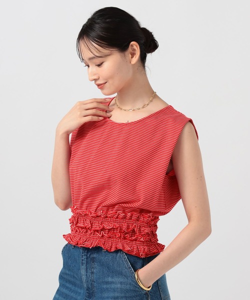 BAYFLOW(ベイフロー)の「2WAYギャザーフリルヘムノースリーブ(Tシャツ/カットソー・レディース・レッド/オフホワイト/ブラック・FREE)」の17枚目の写真