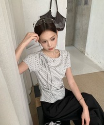 ドット柄サイドドローストリング半袖トップス