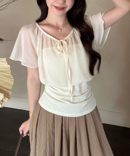 Girly Doll(ガーリードール)の「フェイクツーピースフロントリボンフレアスリーブブラウス(その他トップス・レディース・ライトベージュ/ライトピンク・FREE)」の1枚目の写真