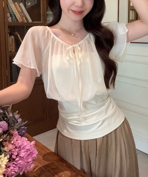 Girly Doll(ガーリードール)の「フェイクツーピースフロントリボンフレアスリーブブラウス(その他トップス・レディース・ライトベージュ/ライトピンク・FREE)」の12枚目の写真