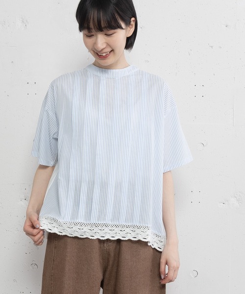 POU DOU DOU(プードゥドゥ)の「トーションレースワイドタックトップス(Tシャツ/カットソー・レディース・オフホワイト/ブルー/ブラック・3)」の1枚目の写真