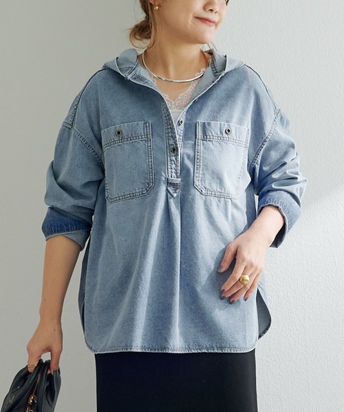 PUAL CE CIN(ピュアルセシン)の「デニムフーディーブラウス(シャツ/ブラウス・レディース・インディゴブルー/ブルー・FREE)」の3枚目の写真