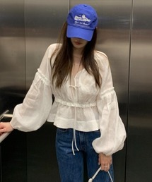 Vネック ドローストリング パフスリーブ シフォンブラウス