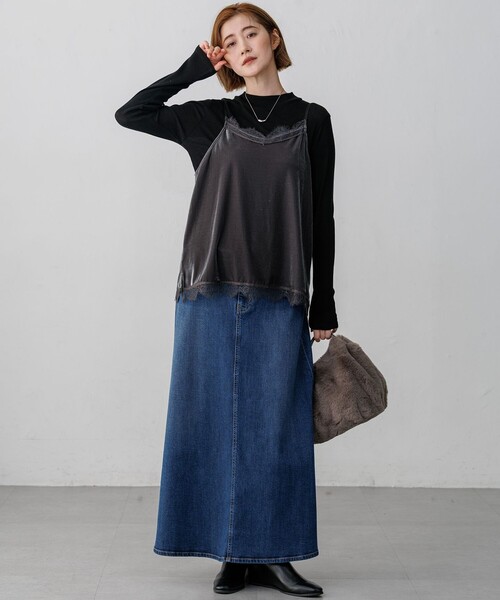 23区 L(ニジュウサンクオオキイサイズ)の「ベロアキャミ ツインセット トップス(Tシャツ/カットソー・レディース・ライトグレー系/ブラック系・44/46/48)」の6枚目の写真