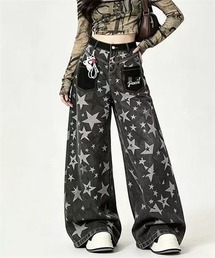Y2K スター柄 ワイドデニム 刺繍ポケット星柄パンツ