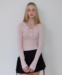 Henley Neck Layered Long Sleeve [Pink]