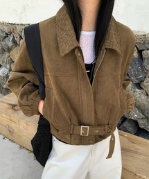 襟付きベルトショートジップアップブルゾン