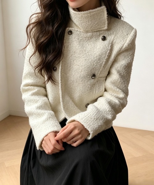 FAVORITO(ファヴォリート)の「スタンドカラーダブルブレストジャケット(ピーコート・レディース・ブラック/ベージュ・F)」の1枚目の写真